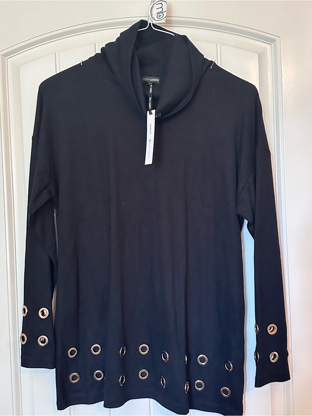 NWT CoCo + Carmen Women’s Black Long Sleeve Grommet Tunic with Cowl Neck